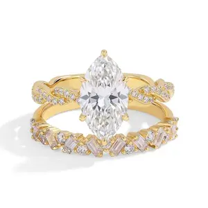 D/VVS1 2.5CT Ice-Cut Gems Engagement Ring Set for Women, Marquise Center Twisted Band 2-Piece Bridal Wedding Promise Rings, Size 5-10