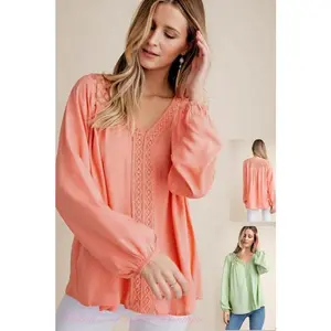 Kori Lace Yoke Blouse - Coral or Melon