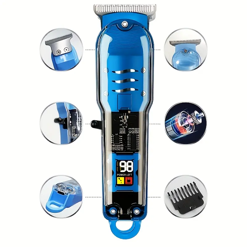 Cordless Hair Clipper with LED Display – Stainless Steel Blade, USB-C Charging, 4 Guide Combs for Home Haircuts & Beard Trimming