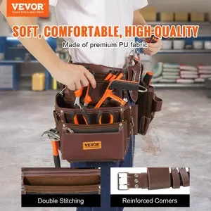 VEVOR Tool Belt, 22 Pockets, Adjust from 29 Inches to 54 Inches, Premium PU Heavy Duty Tool Pouch Bag, Detachable Tool Bag for Electrician, Carpenter, Handyman, Woodworker, Construction, Framer, Brown