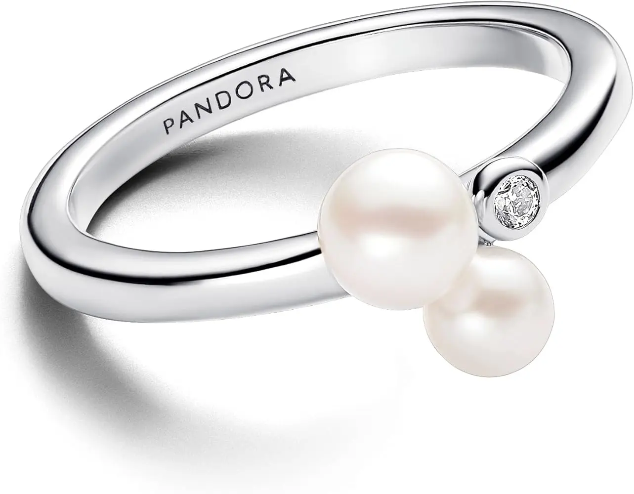 Pandora Duo Silver Ring, Asymmetrically Placed Treated Freshwater Cultured Pearls, Classic Design with Lustre Enhancement, 193156C01-56, Size 56, Symbolic Wear, Pearl, Bleaching