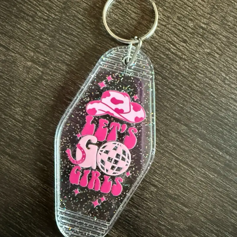 Sassy Acrylic Keychain - Let's Go Girls Design with Pink Glitter Accents and Hat Graphic