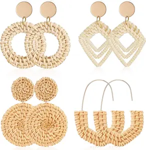 4 Pairs Rattan Earrings for Women Beach Essentials Tassel Dangle Boho Straw Earrings