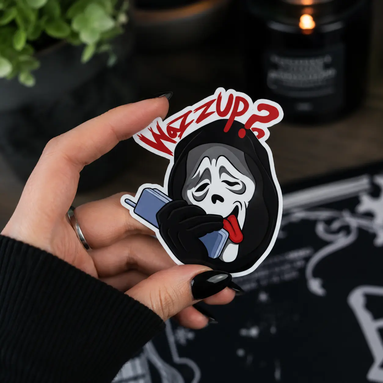 Funny Ghost Mask Sticker, Wazzup Halloween Decal, Retro Scary Face Cartoon Sticker for Laptop, Car, Helmet or Water Bottle