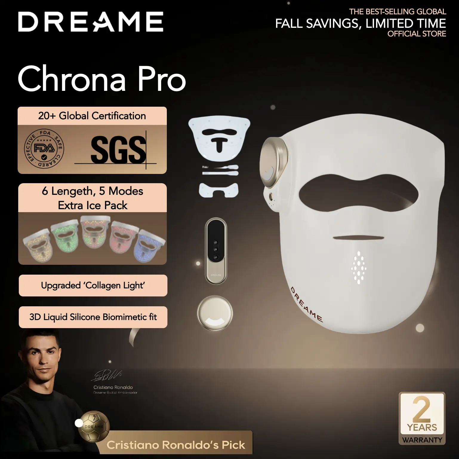 【Limited Deal】DREAME Chrona Photon Anti-Aging Skincare Mask | 4+1 Synergistic Lights |10min Session | 3D Ergonomic Fit | Hands-Free Use | Lightweight | Portability | Firming Skin | Clinically Proven