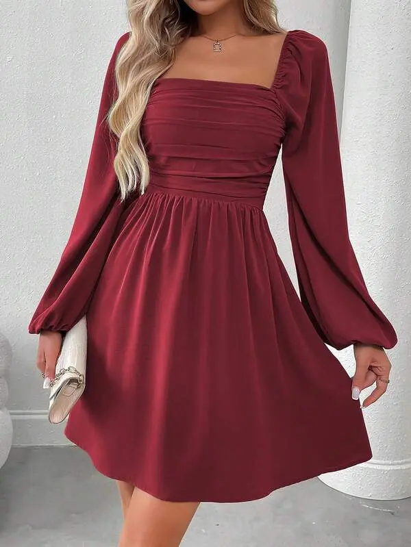 short fall color dress Elegant Women'S Spring Summer Fall Short Solid Color Dress with Ruffle Hem  And Tie Detail