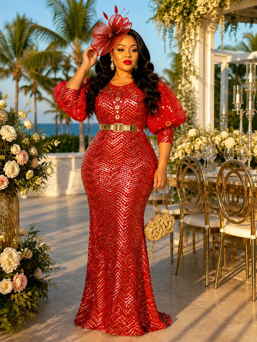 Luxury Red Sequin Puff Sleeve Maxi Dress for Wedding Guest Birthday Party Formal Evening Gown Church Anniversary Gala