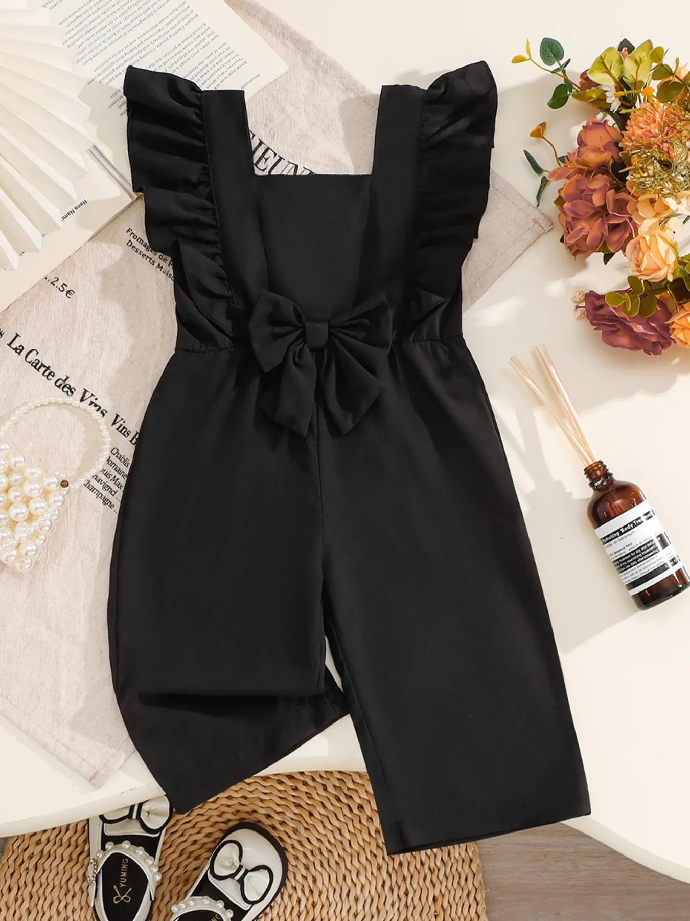 Toddler Girl's Bow Decor Ruffle Trim Jumpsuit, Casual Cap Sleeve Jumpsuit for Daily Wear, Kids Clothes for All Seasons