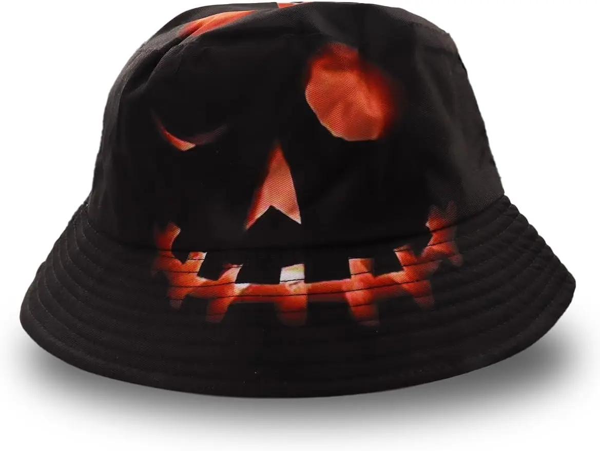 Black Halloween Pumpkin Bucket Hat,Reversible Double-Side Wear,Funny Pumpkin Bucket Hats for Outdooor Holiday Party Cap
