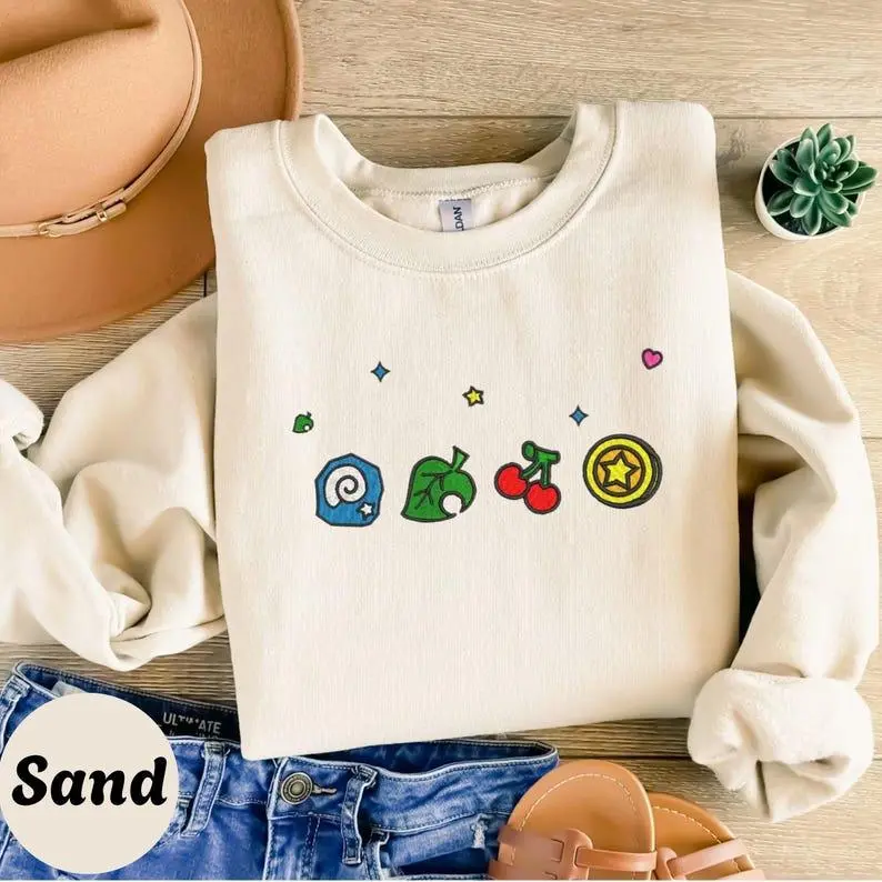 Embroidered Kawaii Animal Friends Sweatshirt, Cozy Gamer Crewneck, Cottagecore Inspired Design, Cute Pixel Art Style, Unisex Gift