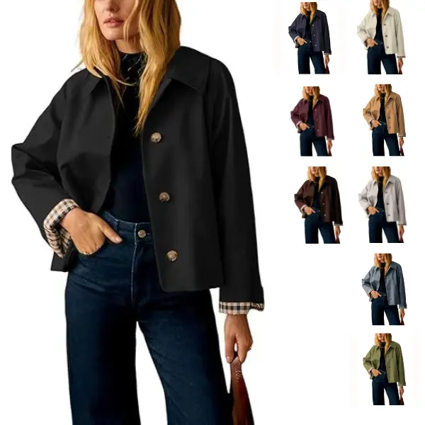 UANEO Womens Cropped Trench Coat Classic Collar Oversized Casual Jackets with Checkered Lining SummerVibes