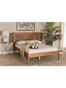 Baxton Studio 193271201082 Eridian Mid-Century Modern Wood & Natural Rattan Platform Bed, Walnut Brown - Full Size
