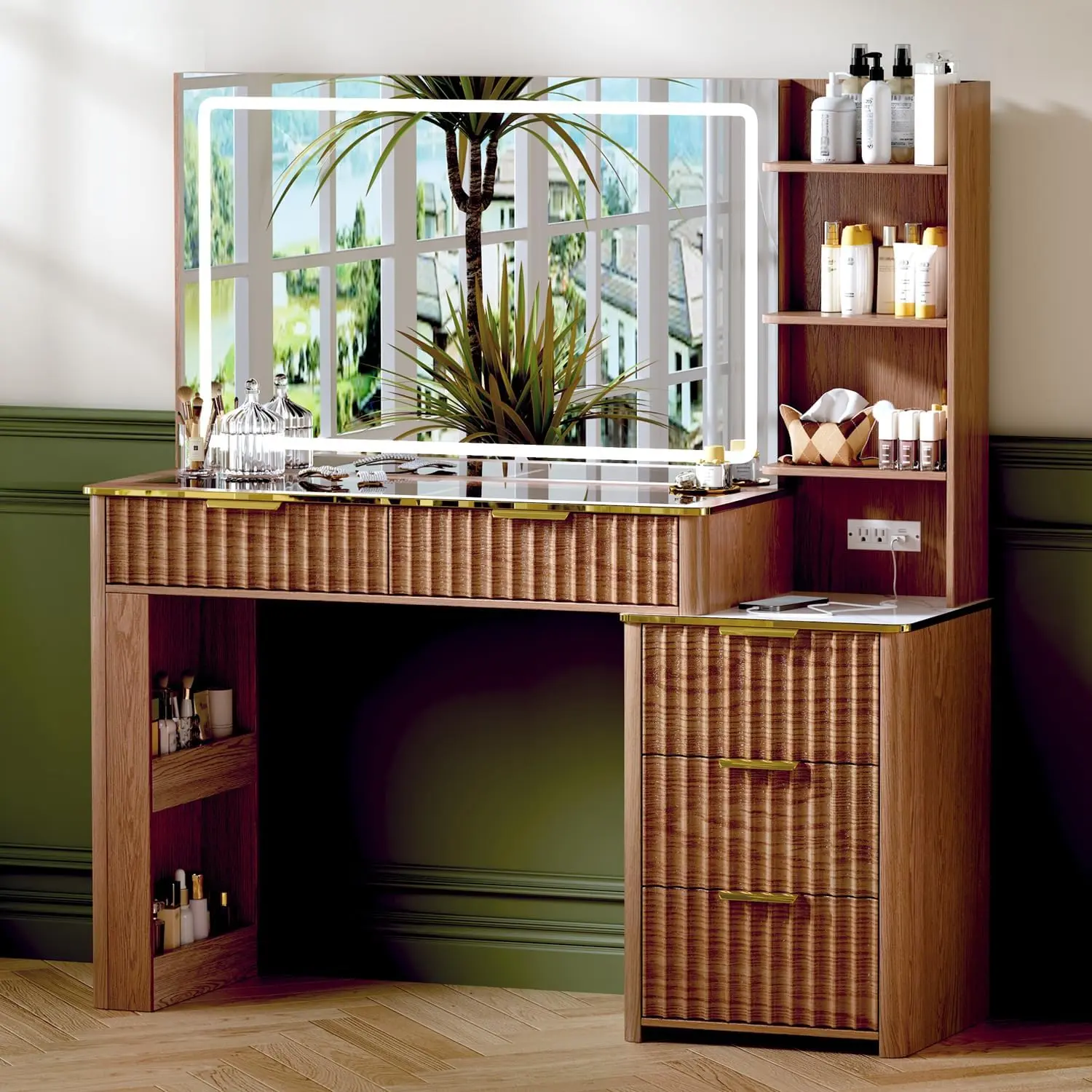 【Limited time deal】 BA-LZR Modern Vanity Desk with Mirror and Lights, 49.2'' Fluted Makeup Vanity Desk with 5 Drawers and Shelves,Dressing Table with Glass Top and Power Outlet for Bedroom,Walnut