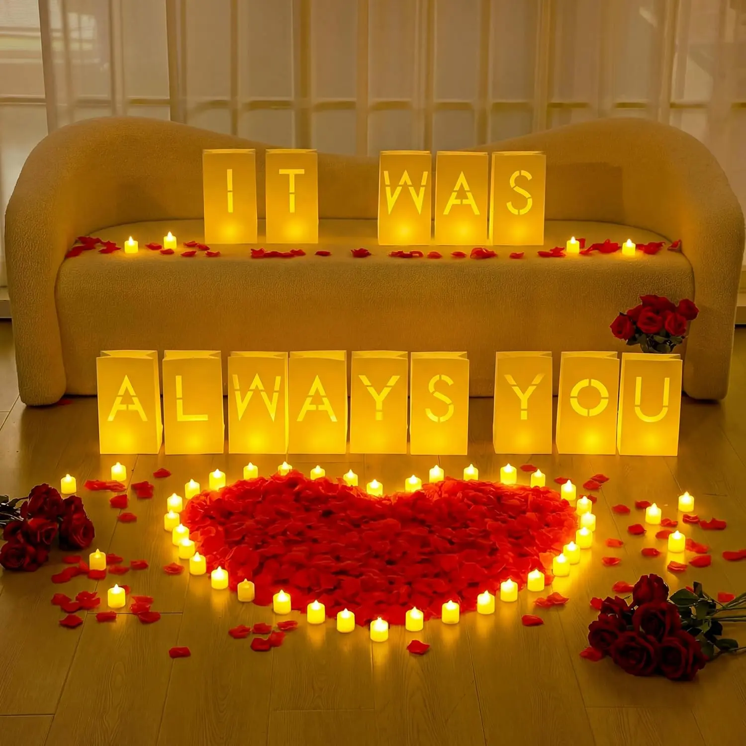 6086 count It was Always You Light up Letters with LED Flameless Tealight Candle Red Rose Petal Letter Luminary Paper Bag for Valentine's Day Decoration Proposal Romantic Special Night Decor