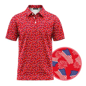 [SHIP FROM US] American Flag Red Golf Polo Shirt – Patriotic USA Polo for Men, 4th of July Independence Day Outfit