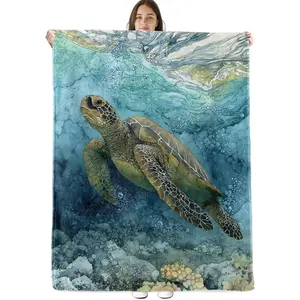 Sea Turtle Ocean Blanket Soft Cozy Flannel Throw Blankets, Watercolor Marine Life and Coral Reef Throws for Couch Bed Sofa Beach Coastal Decor, Gifts for Nature Lovers Women Adults