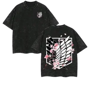 Retro washed anime T-shirt - titan A-Attack T-shirt - Manga Shingeki No Kyojin Mikasa short-sleeved shirt with retro pattern - men's pure cotton black casual jacket