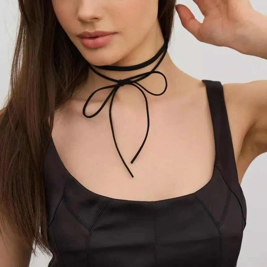 Vintage Black Velvet Bowknot Choker Necklace for Women Elegant Weave Knotted Bowknot Long Adjustable Rope Chain Y2k Jewelry