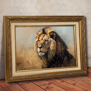 1Count Vintage Framed Painting, Majestic Wild Lion Portrait, Nordic Style, Retro Poster Art, Valentine'S Day Gift, For Living Room, Bedroom, Office Decor, Print Canvas Artwork