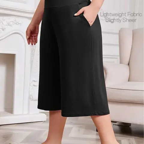 Women's Plus Size High-Waist Knit Wide-Leg Capri Pajama Pants - Lady's Basic Style Casual Loungewear, Stretchy Breathable Lightweight Slightly Sheer Fabric, Pockets for Everyday Outdoor Nightwear