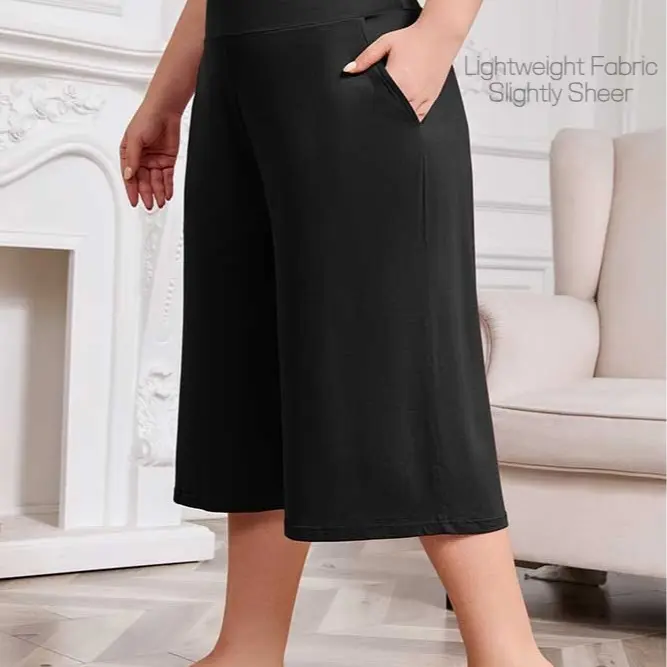 Women's Plus Size High-Waist Knit Wide-Leg Capri Pajama Pants - Lady's Basic Style Casual Loungewear, Stretchy Breathable Lightweight Slightly Sheer Fabric, Pockets for Everyday Outdoor Nightwear