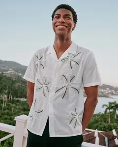 Express Embroidered Floral Ivory Cotton Short Sleeve Shirt