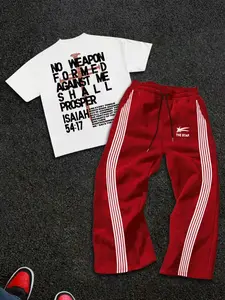 Men's Trendy 2-Piece Set Menswear Letter Graphic Print T-Shirt & Drawstring Striped Casual Sport Pants, Fitted Short Sleeve Top