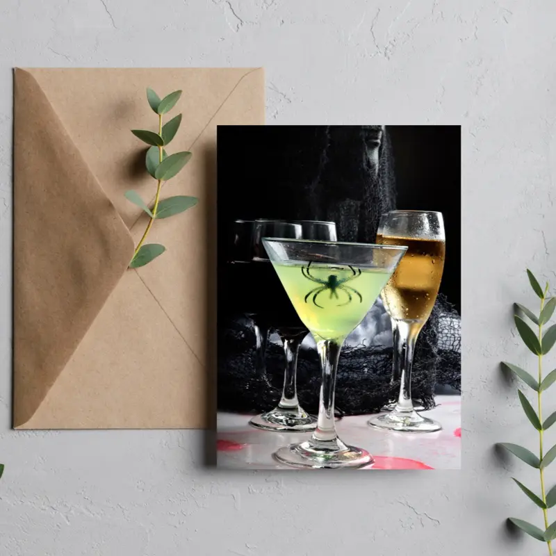 Spooky Halloween Cocktail Greeting Card – Spider Martini Halloween Party Card, 5x7 Blank Inside, Envelope Included