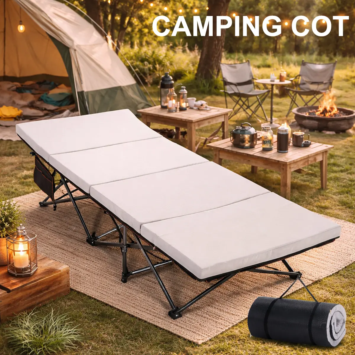 SLSY Folding Camping Cot, Extra Wide Heavy Duty Sleeping Bed with Mattress & Carry Bag, Double Layer Oxford Portable Travel Camp Cots for Home, Outdoor and Office Nap Supports 880 lbs
