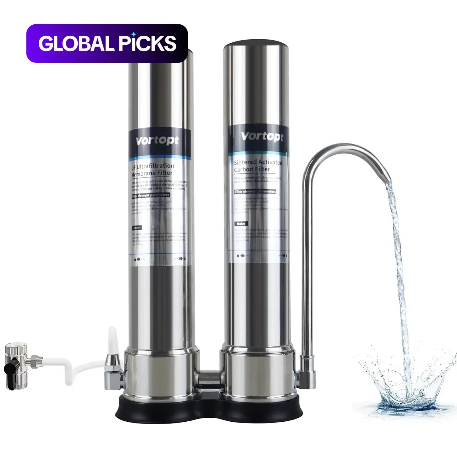 VORTOPT Countertop Water Filter System, Direct Connect, 0.01 μm Filtration, Reduces PFOA/PFOS, Chlorine, Heavy Metals and Bad Odors, C2 and UF Filter #GLOBAL PICKS