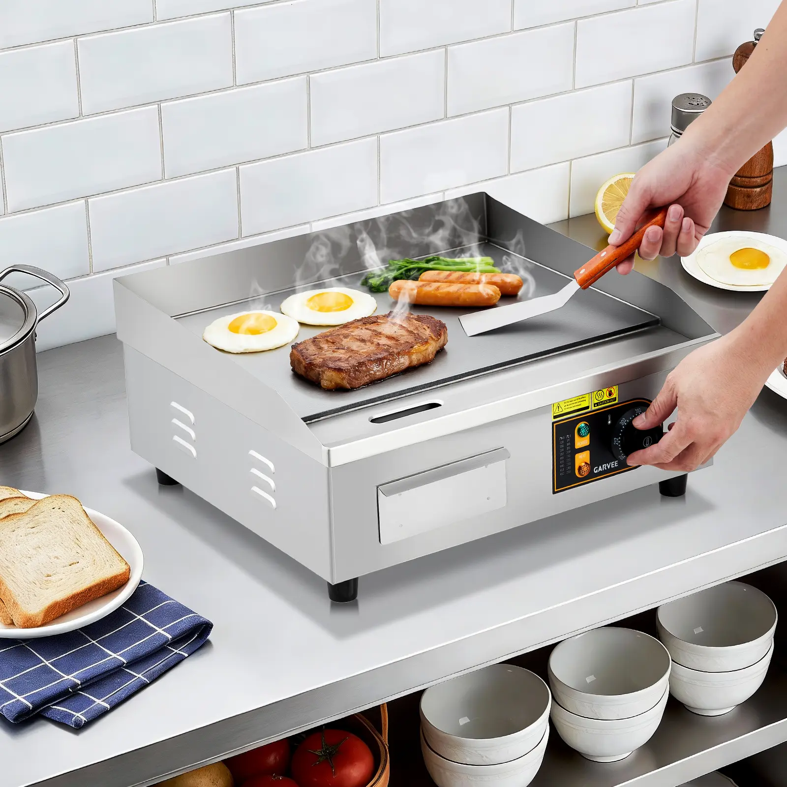 Garvee 18in Commercial Electric Flat Top Griddle with Non-Stick Surface, Adjustable Temp 122℉-572℉, Includes 2 Shovels and 2 Brushes, Ideal for Breakfast Bars and Roadside Stands