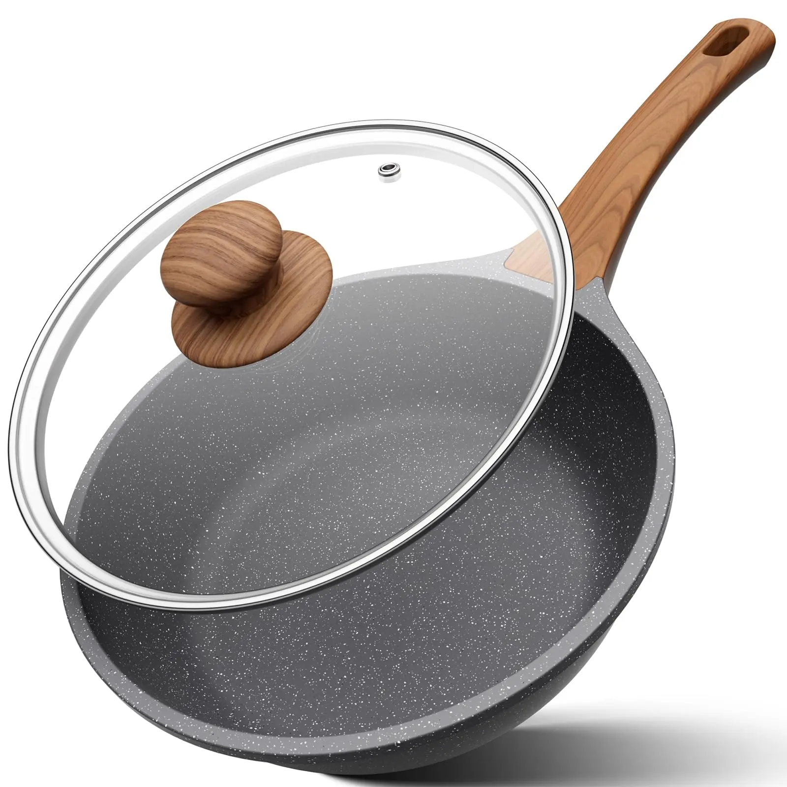 YASHE Nonstick Saute Pan with Lid - Wooden Handle, Healthy Granite Coating, Induction Cookware, All-Stovetop Compatible Skillet with Lid for Family Meals, Non Stick Cookingware Frying Pan Skillet