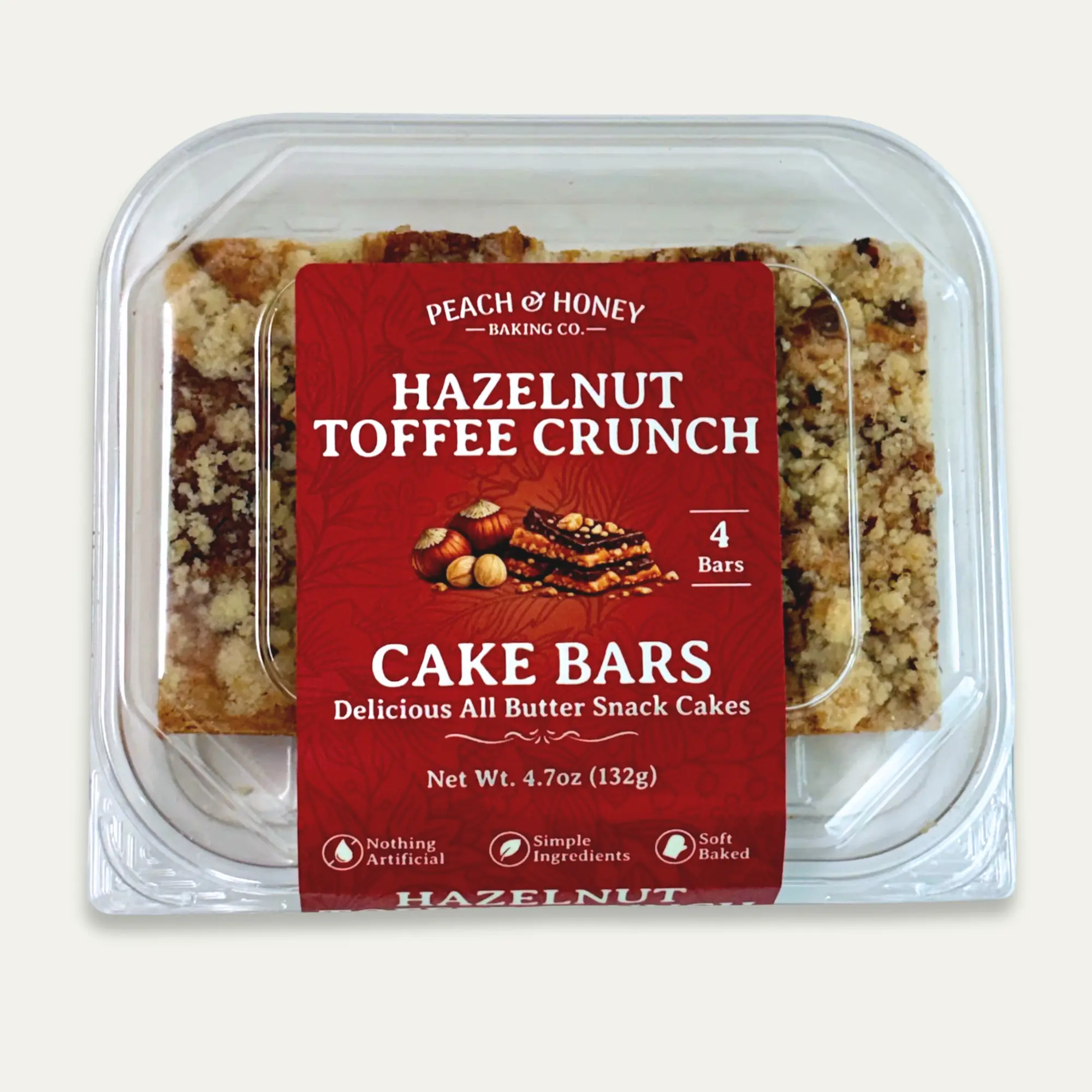 Delicious Hazelnut Toffee Crunch Cake Bars by Peach & Honey Baking Co. - Buttery Soft-Baked Dessert Bars - Roasted Hazelnuts with English Toffee Streusel Topping, Rich & Crunchy, Balanced Sweetness