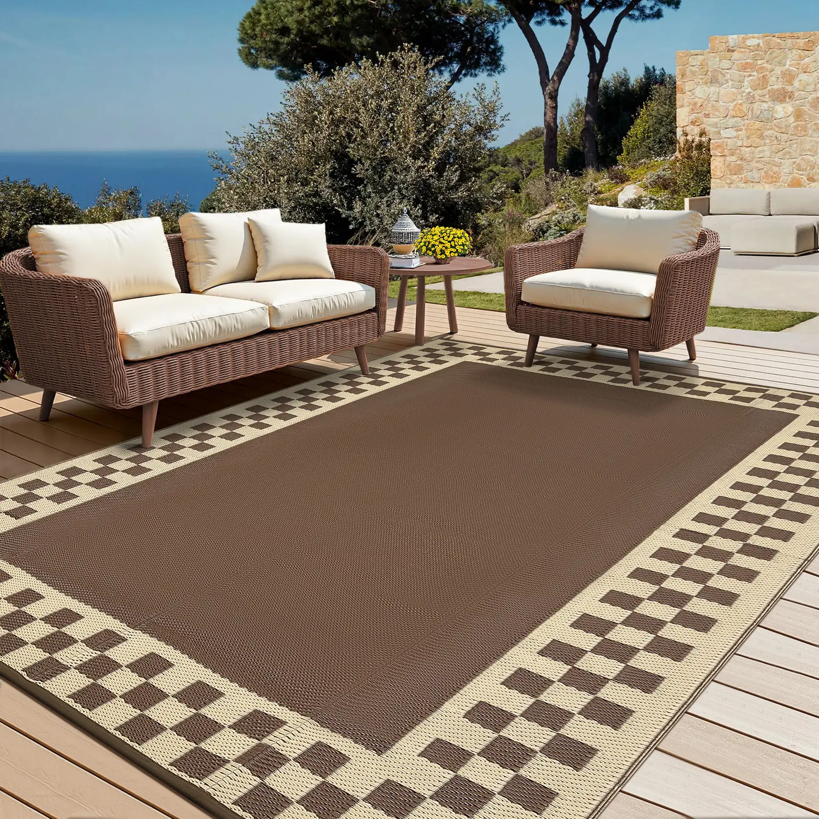 Waterproof Plastic Straw Outdoor Rug Patio Double-Sided Modern Geometric Border UV Protective for Terrace Garden Beach Balcony RV Pool