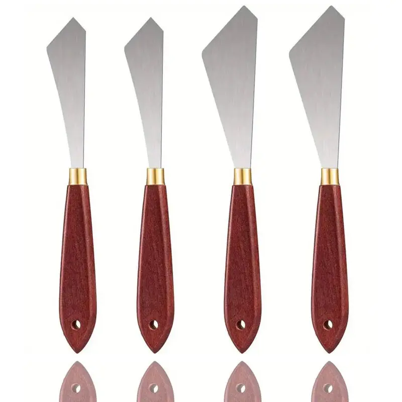 Stainless Steel Palette Knife Set, Wooden Handle Paint Mixing Tool, Ideal for Oil & Acrylic Painting, 4-Piece Artist Kit