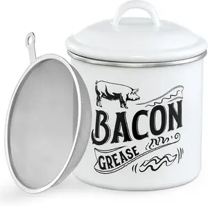 1.3L Bacon Grease Saver Container with Fine Mesh Strainer - Enamel & Stainless Steel Oil Keeper Can for Bacon Fat Dripping - Farmhouse Kitchen Gift & Decor Cooking Accessories - Dishwasher Safe, White