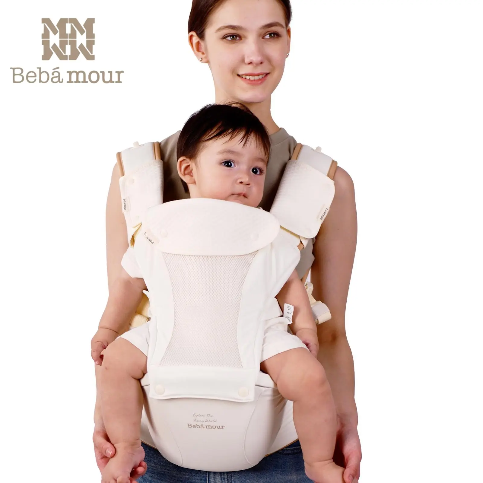 BEBAMOUR Safety-Certified Adjustable Ergonomic Hip Seat Baby Carrier, Detachable Hands-Free Carrier for 0-36 Months Newborn to Toddler, with Head Hood, 3 PCS Teething Pads, Waist Extender & Storage Bag, Adjustable Ergonomic Carrier