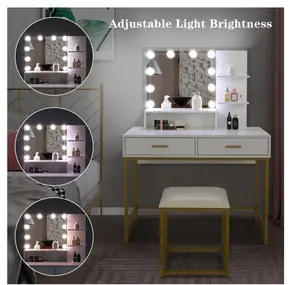 Vanity Table Set with 3 Color Lighted Mirror & Stool, Makeup Vanity Dressing Table, 2 Drawers and Storage Shelves for Bedroom, Gold Vanity Desk for Women (White)