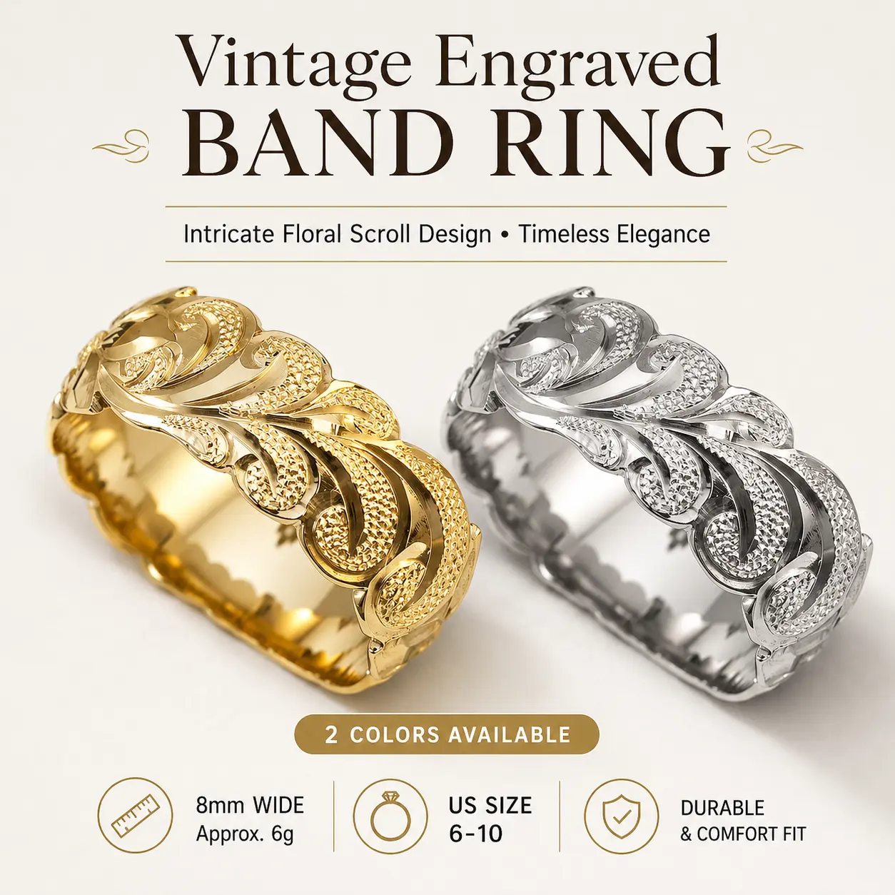 Women's Glamorous Gold Silver Tone Intricate Floral Scroll Statement Ring - Pavé Accents, Comfort Fit, 8mm Wide Band, Durable, Timeless Elegance, US Sizes 6-10 - Women's Fashion Jewelry for Ceremony, Business, Everyday Wear, Perfect Gift, Lightweight