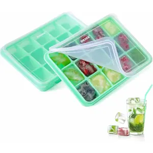 Ice Cube Tray with Removable Lid 2 Pack, Flexible Easy-Release Silicone Ice Cube Trays for Freezer, Durable & Odor-Resistant, Stackable & Space-Saving Ice Tray, Easy to Clean Ice Molds Coffee Plastic