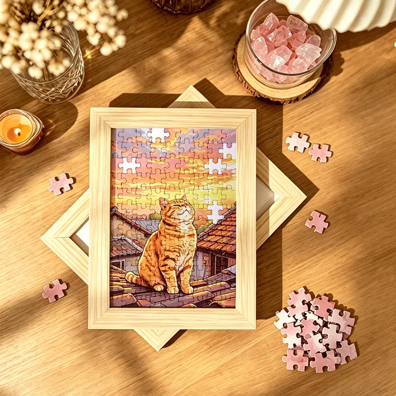 Aesthetic Framed Pet Art Jigsaw Puzzle | Cute Dog & Cat Illustration with Wooden Frame | Cozy Room Desk Decor & Gift for Pet Lovers