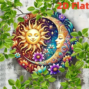 2D Flat1pcs Vintage Round Metal Sign with Bright Sun And Moon Flowers Design, Waterproof And Durable, Ideal for Home, Restaurant, Bar, Coffee Shop, Garage - 7.8 X 7.8 Inch, Metal W