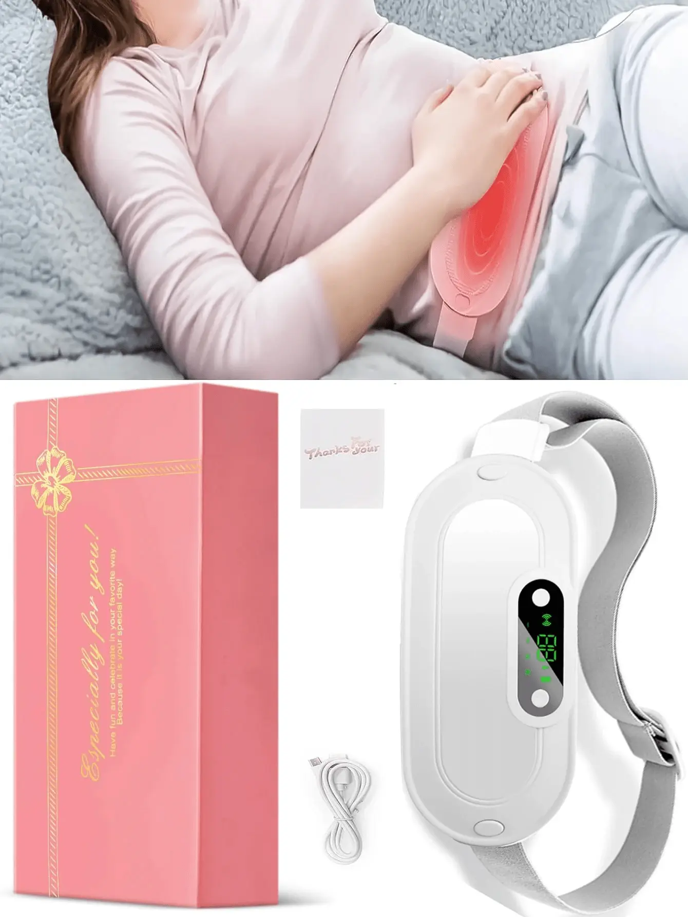 Feminine Wearable Heating Pad - Portable Cordless Ergonomic Menstrual Waist Belt for Women, 3 Heat Levels, 3 Massage Modes, Adjustable Fit for Belly & Lower Back Pain Relief, Stress Relief, Pink, Heat + Vibration