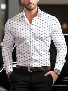 Men's All Over Print Long Sleeve Dress Shirt, Regular Fit Casual Comfy Breathable Button Front Collared Top for Work Office Business, Men's Clothes for All Seasons, Casual Party Shirt
