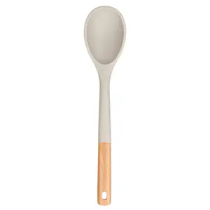 BADIANO Large Silicone Cooking Spoons, Nonstick Solid Wooden Handle Spoon, Heat Resistan Silicone Kitchen Spoons for Cooking, Serving, Basting, Mixing, 13.2inch