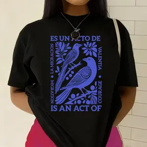 Migration Is An Act Of Courage" Folk Art Tee, Black Oversized Top, Activist / Cultural Gift T-Shirt