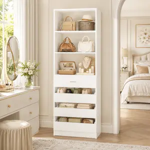 21'' W Freestanding Closet System with 4 Wooden Drawers ＆ Adjustable Shelves, Sturdy Walk-in Closet Organizer System Wardrobe for Small Space