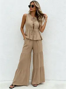 Summer Ruffled Tie Set, Women Sleeveless Top + Cake Wide Leg Pants, Casual Vacation Style Matching Two-Piece, Comfortable, Chic and Stylish