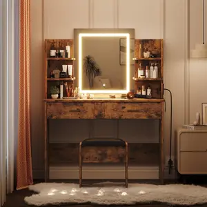 Vanity Desk with Lighted Mirror, Makeup Vanity Set with Power Outlet, Cushioned Stool, Vanity Table with 6 Storage Shelves, 2 Large Drawers and 3 Color Light Adjustable Brightness, Rustic