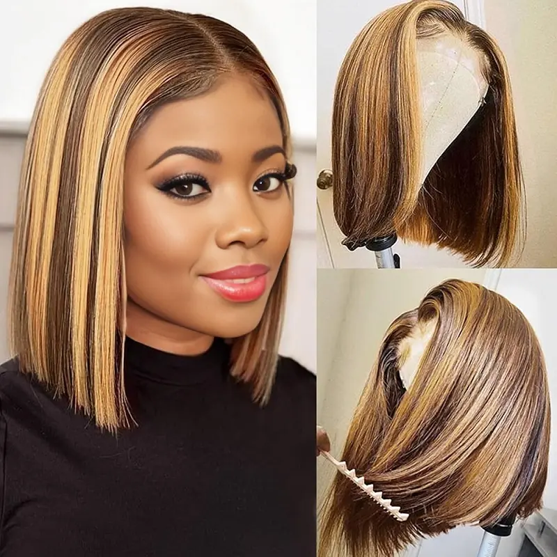 Uniky Voluminous Bob Human Hair Lace Closure Wig, 6x4 Pre-Cut Transparent Lace Closure Glueless Beginner Wig, 4/27 Ombre Honey Blonde Straight Pre-Plucked With Baby Hair for Black Women, 3-Second Wear Short Style, Voluminous Bob Human Hair Lace Closure Wi